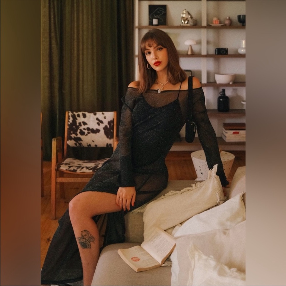 Anthropologie Black Long-Sleeve Sheer Overlay Maxi Dress